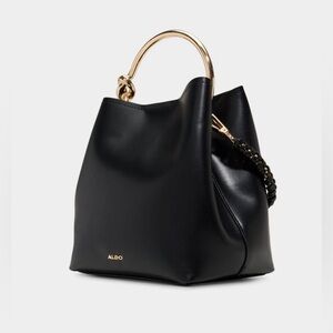 Aldo Bienkaax Black Bucket Bag with Gold Top Handle & Detachable Shoulder Strap